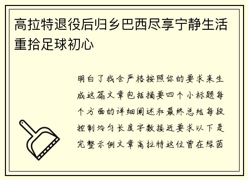高拉特退役后归乡巴西尽享宁静生活重拾足球初心 高拉特退役后归乡巴西尽享宁静生活重拾足球初心
